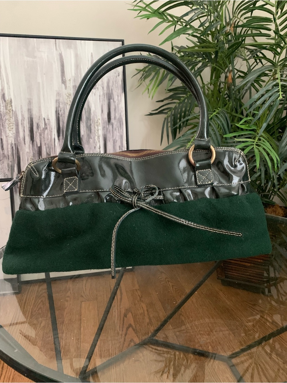 Vintage Sophia C Green Made in Italy Leather/wool Shoulder Bag 16”long 8”Tall